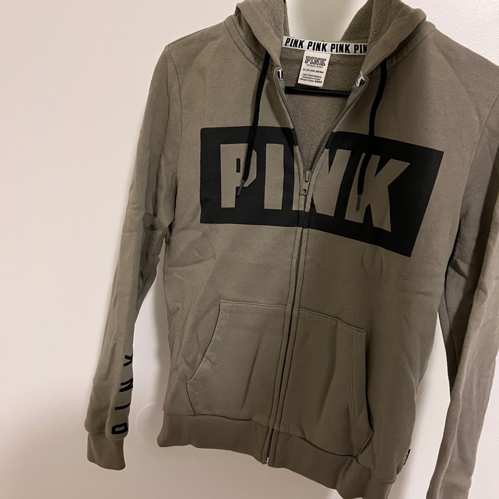 Olive green Victoria's Secret pink zip up hoodie